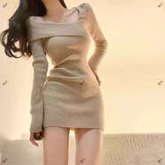 純欲辣妹緊身包臀裙秋冬女內搭打底衫斜肩毛衣修身短款長(cháng)袖連衣裙 卡其色 XXS S