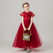 小咔衣濃女童生日主持人公主裙花童婚紗小女孩晚禮服兒童鋼琴演出服裝秋季 酒紅色1901長(cháng)款連衣裙 120