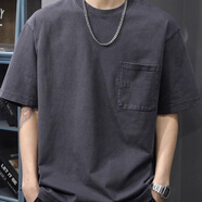 以純（YISHion）新款T恤夏季美式口袋潮牌寬松復古男士上衣短袖圓領(lǐng)休閑體恤 灰色高質(zhì)量 5XL 190到210斤