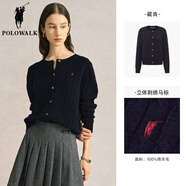 POLOWALK【100%綿羊毛】女士羊毛衫圓領(lǐng)純色針織開(kāi)衫外套 藏青 L (165)
