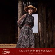 EIN言浪漫碎花印花蕾絲翻領(lǐng)長(cháng)燈籠袖文藝雪紡連衣裙2025夏季新款 石墨黑 S