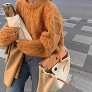 蘇雨薇杏色重工粗針麻花套頭毛衣女秋冬慵懶老錢(qián)風(fēng)寬松短款針織衫上衣厚 橘色【關(guān)注店鋪-送運費險】 S （80-95斤）