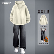 曦嶼重磅半拉鏈連帽衛衣男秋冬款美式休閑高領(lǐng)外套直筒牛仔褲高街穿搭 [兩件套]杏色+黑色牛仔褲- 加絨 XL [120-135斤]