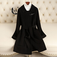 SXA香港潮牌雙面呢羊毛大衣女短2025新款小個(gè)子收腰綁帶呢子外套 黑色 S