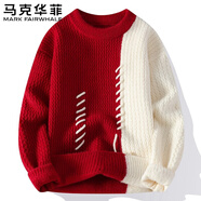 馬克華菲毛衣男士秋冬季中青年上衣彈力保暖圓領(lǐng)針織衫 紅色    L