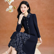 可蓓兒拼接撞色秋冬時(shí)尚翻領(lǐng)印花連衣裙復古優(yōu)雅翻領(lǐng)打底裙子女M