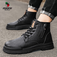 西域駱駝（VANCAMEL）馬丁靴男冬季高幫短靴子男潮流男士皮靴英倫風(fēng)增高高邦皮鞋男 [升級款]黑色 41