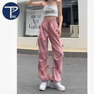 PMOG黑色夏季工裝褲女薄款2023新款速干爵士舞寬松闊腿運動(dòng)休閑直筒褲 藕粉色 L