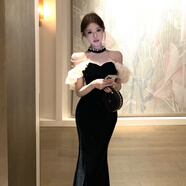 YIOU掛脖掛脖手工釘鉆絲絨連衣裙女長(cháng)款宴會(huì )禮服裙2379 黑色 S