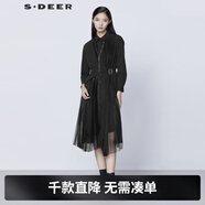S.DEER圣迪奧春秋季女裝翻領(lǐng)風(fēng)琴褶收腰網(wǎng)紗拼接長(cháng)袖連衣裙S21381209 黑色/91 S 160