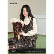 闊色格子外穿吊帶背心裙荷葉邊連衣裙2025秋冬季氣質(zhì)新款女短裙子 淺棕色 M