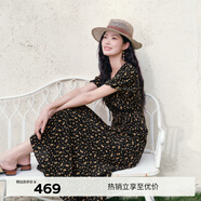 伊芙麗（eifini）蔣欣代言花邊嵌邊裝飾A擺肌理底布碎花連衣裙女2025新款裙子 黑色現貨 S 80-105斤