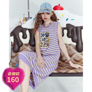 妖精的口袋冰絲條紋印花針織無(wú)袖連衣裙女2024夏新款顯瘦背心裙子 黃紫條紋色 M