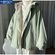 莫代爾羊羔毛外套女2025秋冬季新款設計感加絨加厚棉服寬松棉衣高中學(xué)生 綠色 M