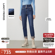 朗姿棉質(zhì)黑科技保暖小腳牛仔褲冬季新款氣質(zhì)高腰顯瘦九分褲女褲子 艦隊藍色 M