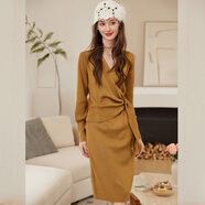 白鹿語(yǔ)春秋V領(lǐng)綁帶設計連衣裙修身微彈中長(cháng)款氣質(zhì)針織裙 深咖色 L 