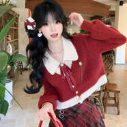 新年紅色假兩件針織開(kāi)衫毛衣外套女學(xué)生+中長(cháng)款格紋半身裙兩件套 毛衣 單件 S  【關(guān)注店鋪送小禮物】