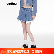 古由卡GUUKA水洗藍色百褶裙女秋季 毛邊下擺露口袋牛仔短裙女高腰顯瘦 藍色 XS