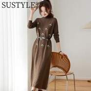 SUSTYLE奢侈高端品牌女裝高檔刺繡秋冬新款毛衣連衣裙針織衫配馬甲裙兩件 咖色 M