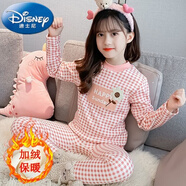 迪士尼（Disney）女童保暖內衣套裝加絨加厚冬款兒童秋衣秋褲中大童女孩寶寶6-15歲 格子花 110 【身高100-110cm】面料柔軟