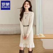 羅蒙（ROMON）羊毛針織連衣裙女秋冬新款洋氣蕾絲設計感腰帶收腰打底毛衣裙子 米白色 L
