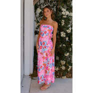 歐美2025春夏新款氣質(zhì)名媛緞面露背抹胸連衣裙印花 粉藍大花 S