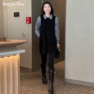 Mayya Plus法式圓領(lǐng)無(wú)袖背心A字裙女冬季高腰黑色毛呢連衣裙 黑色 XL