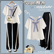 小紅書(shū)爆款韓國風(fēng)格初高中女生時(shí)尚海軍領(lǐng)短袖襯衫休閑褲套裝 [白底條紋蝴蝶結短袖+2479冰絲褲 XL[115-125斤] 均碼