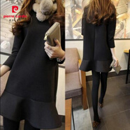 皮爾卡丹（pierre cardin）秋冬女裝加絨韓版長(cháng)袖荷葉邊魚(yú)尾連衣裙黑色直筒打底百搭蓬蓬裙 黑色秋季 S 建議85-100斤