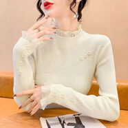 香影純蕾絲拼接半高領(lǐng)毛衣女秋冬季新款針織打底衫修身顯瘦洋氣內搭上衣 杏色 S (建議95斤以?xún)?