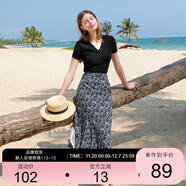 三彩2025夏季新款碎花半身裙高腰開(kāi)叉雪紡A字裙浪漫長(cháng)裙清新M