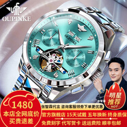 歐品客瑞士認證品牌手表男機械表全自動(dòng)鏤空多功能男士手表夜光防水男表 歐品客-3186-鋼帶淺藍