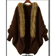 2025春秋冬時(shí)尚新款歐美蝙蝠衫寬松大碼毛衣針織衫系帶開(kāi)衫毛領(lǐng)女 卡棕 均碼