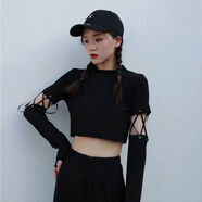 浮夏爵士舞露臍上衣長(cháng)袖T恤帥氣酷酷的女裝春秋季1m可拆卸短款舞蹈服 黑色 均碼