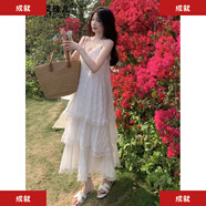 甜美減齡白色法式吊帶連衣裙女裝夏季度假小個(gè)子寬松蛋糕長(cháng)裙子女 S