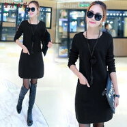 美安嘉加絨加厚打底衫女中長(cháng)款T恤上衣小衫冬季t恤裙韓版修身保暖連衣裙 黑色 M