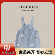 英國FeelKIss女童夏裙2025新款洋氣牛仔背帶公主裙霽愫傠膕 藍色 90 cm