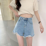小紅書(shū)同款牛仔短褲女2025年夏季新款毛邊破洞高腰褲子顯瘦闊腿a 淺藍色(橫雙排扣) S 建議[8090斤]