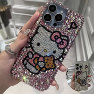 米聆蘋(píng)果網(wǎng)紅懶懶kitty貓高級水鉆鑲鉆iPhone16promax系15kt貓手機殼材料包 粉紅色成品 iPhone17