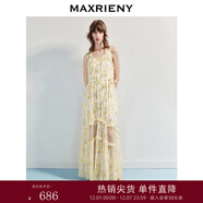 MAXRIENY優(yōu)雅度假風(fēng)背心吊帶連衣裙25秋款仙女氣質(zhì)長(cháng)裙印花雪紡裙 黃花 L