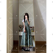 蕉京無(wú)袖吊帶牛仔裙連衣裙毛邊流蘇女春夏新品復古水洗學(xué)院風(fēng)開(kāi)叉牛仔 牛仔背帶.裙 XL
