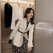 歐洲站春裝女2025年新款時尚休閑 職業(yè)套裝女西裝外套兩件式洋 米白色 配腰帶 L