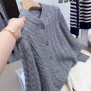 以純（YISHion）歐貨復古圓領(lǐng)灰色長(cháng)袖針織衫毛衣女大碼胖MM秋冬新款麻花開(kāi)衫上衣 灰色【高端小資小上衣/巨好看】 M 建議90-100斤