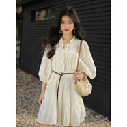 玲玖2025新款民族風(fēng)好看白色裙子收腰波西米亞長(cháng)袖連衣裙女春夏 杏色_七分袖短裙_送腰帶 XS