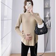 單/兩件保暖T恤孕婦半高領(lǐng)上衣百搭圓弧度設計感不規則遮肉打底衫 單件卡其色 L  建議101-120斤