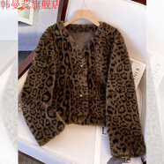 韓曼蕊2025冬季金貂絨豹紋短外套V領(lǐng)加厚皮毛一體時(shí)尚女 豹紋 S