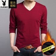 花花公子（PLAYBOY）春秋冬領(lǐng)長(cháng)袖恤男士純棉體恤打底衫純色雞心領(lǐng)衛衣男丅 酒紅 加絨加 1628純棉 厚 加絨 M -165 建議100-120斤