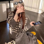 韓版大碼穿搭一整套女2025秋冬慵懶條紋v領(lǐng)毛衣針織長(cháng)裙兩件套厚 主圖色兩件套 上衣裙子 S