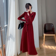 夏典素訂女王（SE.PSTP）200斤大碼中長(cháng)款毛衣裙秋冬韓國氣質(zhì)V領(lǐng)收腰打底內搭針織連衣裙女 酒紅色款 2XL 140-160