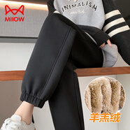 貓人（MiiOW）一條過(guò)冬羊羔絨運動(dòng)褲女秋冬灰色加厚衛褲高腰加絨東北一體絨棉褲 超厚羊羔絨】黑色九/分 M
